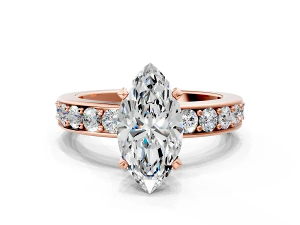 Marquise Cut Diamond Engagement Ring with Channel Set Round Band and Prong Setting Rose gold