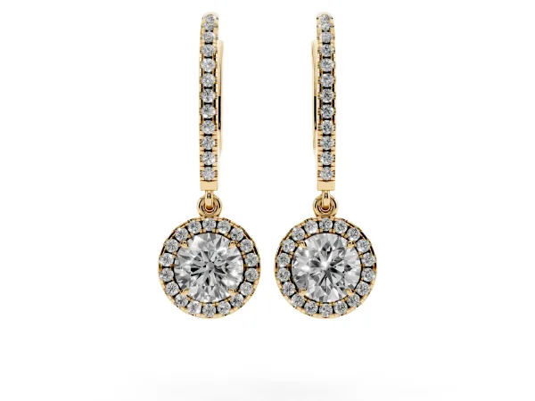 Round Cut Diamond Halo Drop Earrings with Pavé Hoop Yellow gold