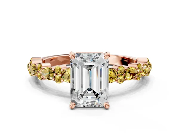 Emerald Cut Diamond Side Stone Solitaire Ring with Round Yellow Sapphire and Four-Prong Setting Rose gold