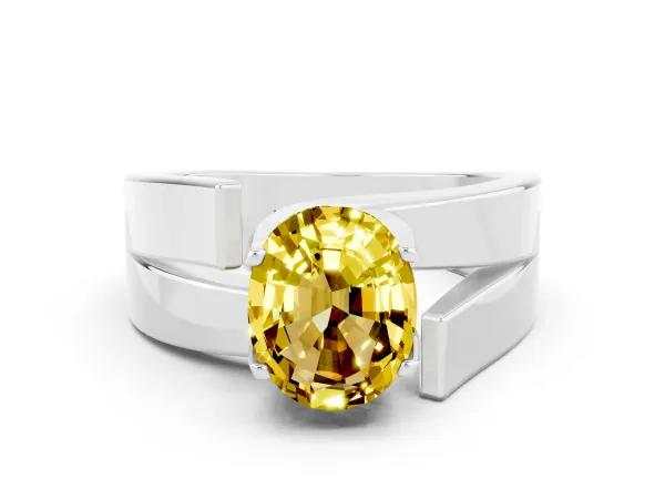 Modern Tension Set Oval Cut Yellow Sapphire Solitaire Wide Band Ring Platinum