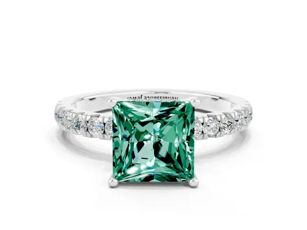 Princess Cut Green Sapphire Pave Band Solitaire Ring with Round and Prong Setting Platinum