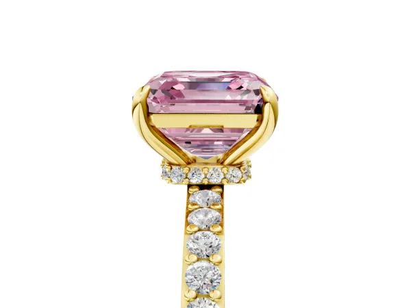 Fancy Pink Asscher Cut Diamond Solitaire Engagement Ring with Pavé Band and Four-Prong Setting Yellow gold