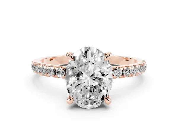 Oval Cut Diamond Brilliant Solitaire Ring with Pavé Band and Four-Prong Setting Rose gold
