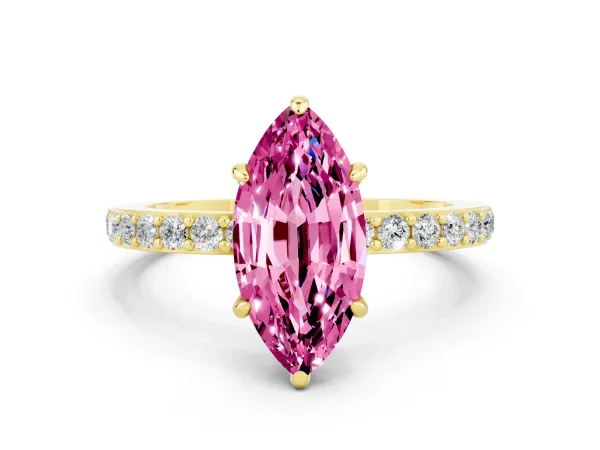 Marquise Cut Pink Sapphire Solitaire Engagement Ring with Pavé Band and Four-Prong Setting Yellow gold
