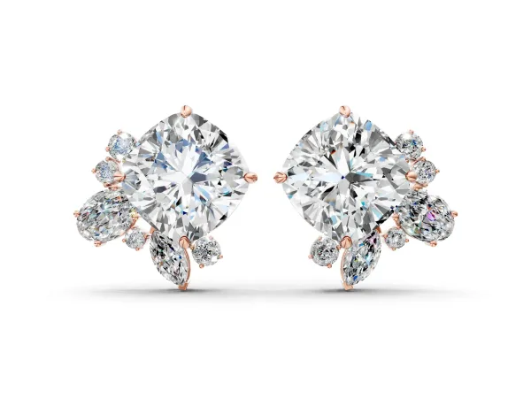 Cushion Cut Diamond Floral Stud Earrings with Multi-Shape Accents Rose gold