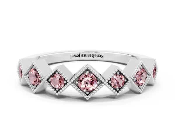 Milgrain Square Bezel Round Morganite Chevron Band Platinum