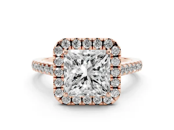 Princess Cut Halo Pave Diamond Engagement Ring with Four-Prong Setting Rose gold