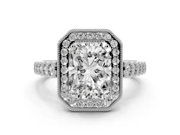 Radiant Cut Halo Milgrain Solitaire with Bezel Set Side Stones and Pave Band Platinum