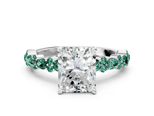 Radiant Cut Diamond Side Stone Solitaire Ring with Round Green Sapphire and Four-Prong Setting Platinum