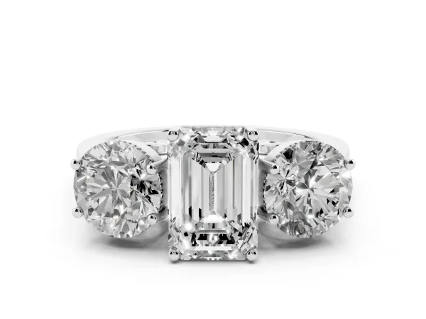 Three-Stone Emerald Cut Diamond Engagement Ring with Prong Setting on a Classic Band Platinum