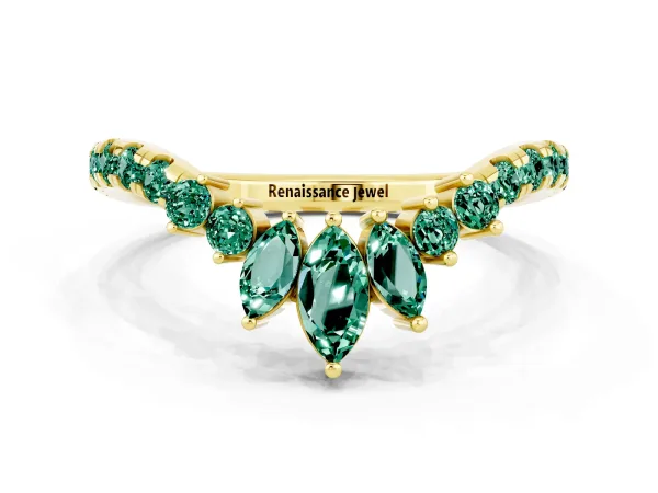 Chevron Marquise and Round Green Sapphire Open Band with Prong Setting Yellow gold