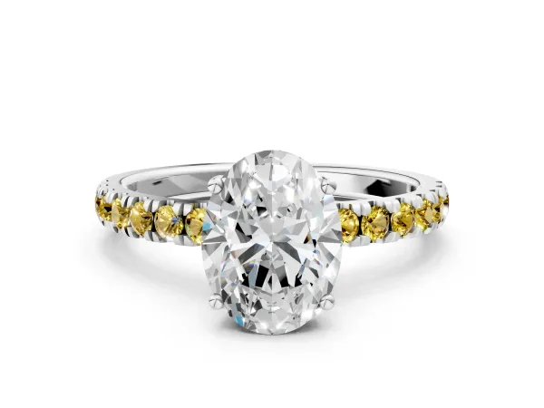 Oval Cut Diamond Pave Band Solitaire Ring with Round Yellow Sapphire and Prong Setting White gold