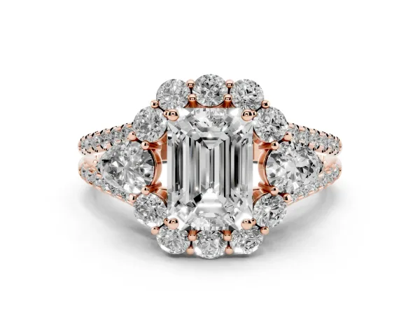 Emerald Cut Halo Split Shank Diamond Engagement Ring with Prong Setting Rose gold