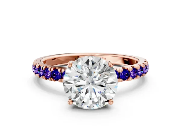 Round Cut Diamond Pave Band Solitaire Ring with Round Tanzanite and Prong Setting Rose gold