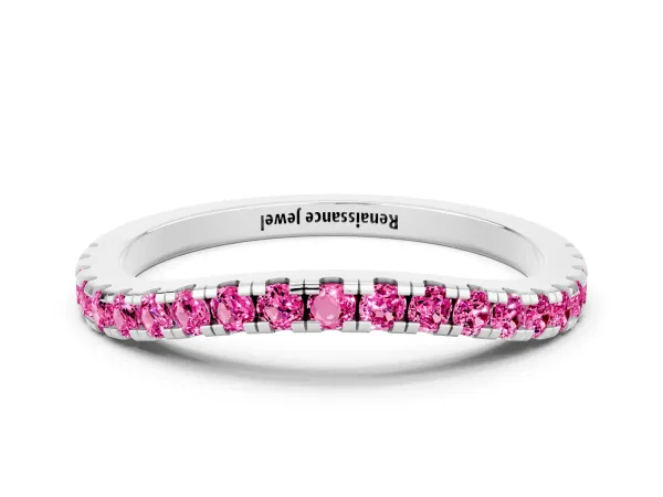 Round Pink Sapphire Pavé Half Eternity Band with Shared Prong Setting Platinum