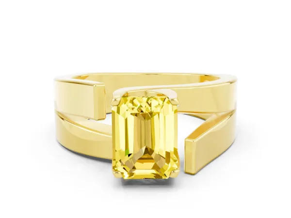 Modern Tension Set Emerald Cut Yellow Sapphire Solitaire Wide Band Ring Yellow gold