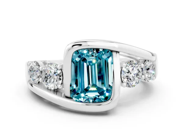 Bezel Set Emerald Cut Blue Topaz Bypass Ring with Round Accents Platinum