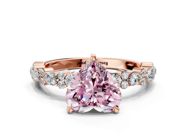 Fancy Pink Heart Cut Diamond Side Stone Solitaire Ring with Round and Four-Prong Setting Rose gold
