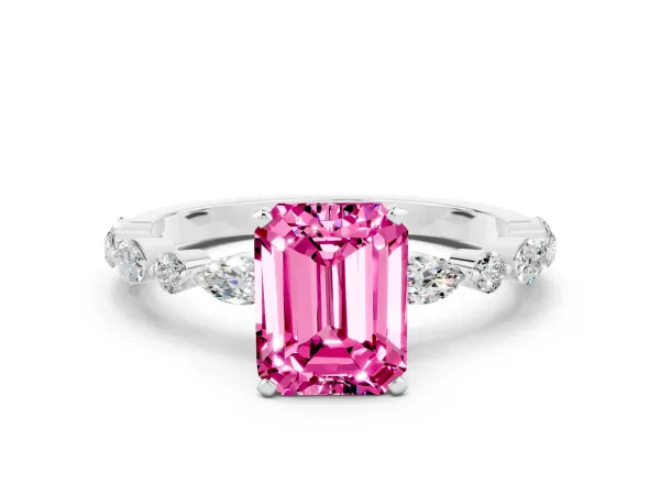 Emerald Cut Pink Sapphire Ring with Marquise and Round Side Stones and Four-Prong Setting White gold