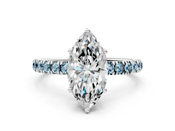 Marquise Cut Diamond Pave Band Solitaire Ring with Round Aquamarine and Prong Setting White gold