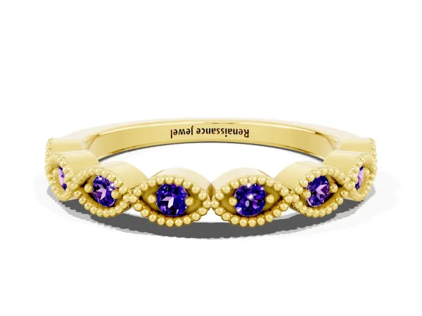 Milgrain Marquise Tanzanite Half Eternity Band with Bezel Setting Yellow gold