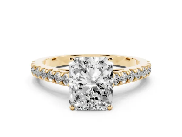 Radiant Cut Cut Solitaire Diamond Ring with Pave Band and Four-Prong Setting Yellow gold