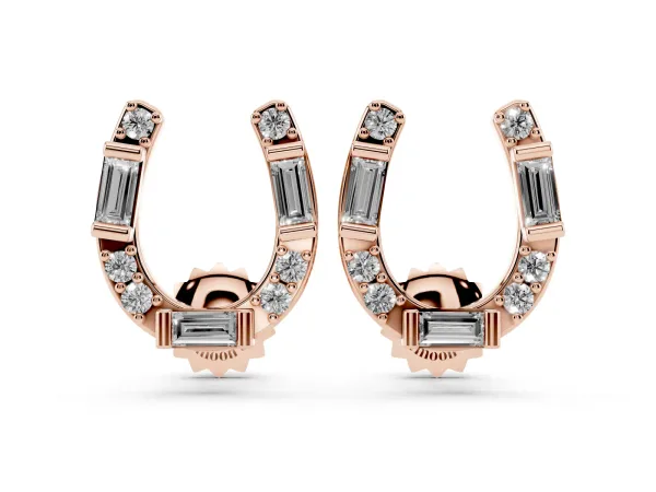 Baguette and Round Diamond Horseshoe Stud Earrings Rose gold