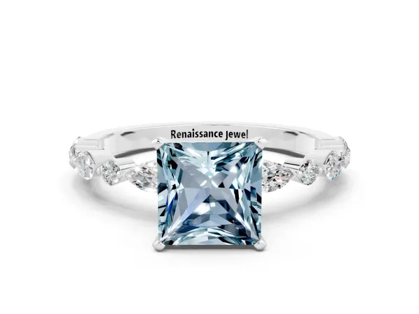 Princess Cut Aquamarine Ring with Marquise and Round Side Stones and Four-Prong Setting Platinum
