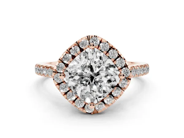 Cushion Cut Diamond Cushion Halo Ring with Pavé Band Rose gold