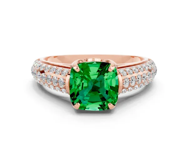 Cushion Cut Emerald Solitaire Ring with Three-Row Pavé Band and Four-Prong Setting Rose gold