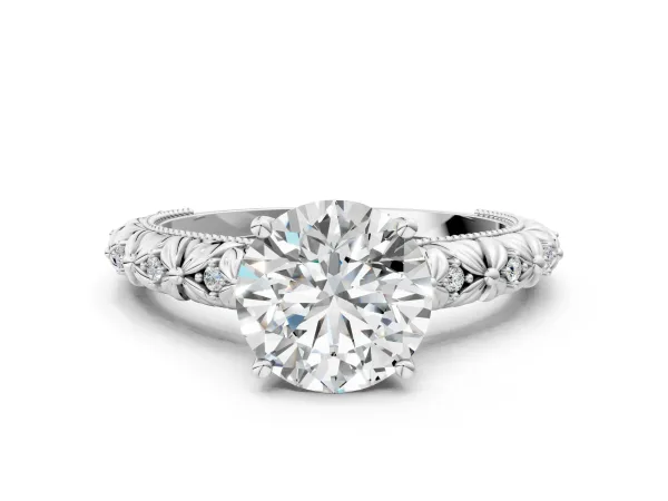 Round Cut Solitaire Floral Milgrain Engagement Ring Silver