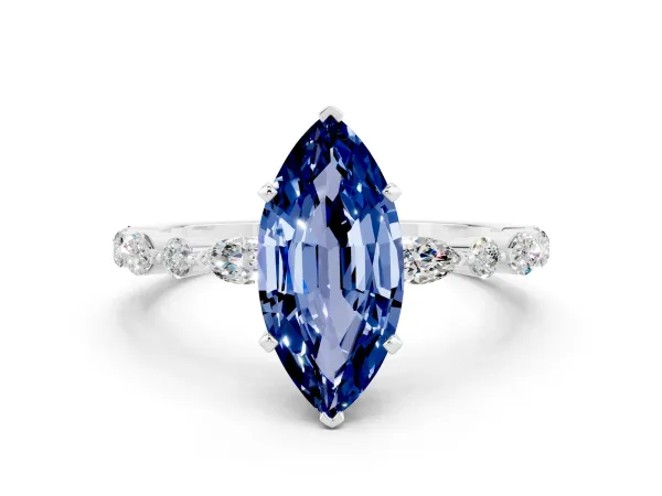 Marquise Cut Blue Sapphire Ring with Marquise and Round Side Stones and Four-Prong Setting White gold