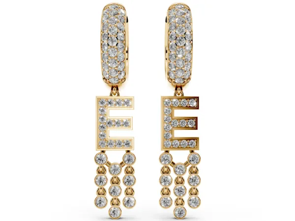 Round Diamond Initial E Huggie Hoop Earrings Yellow gold