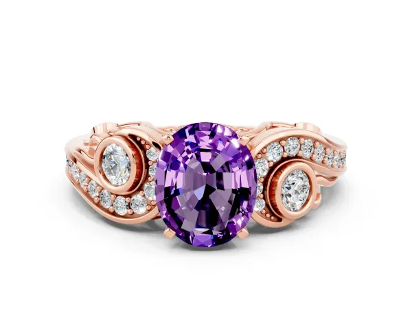 Oval Cut Amethyst Solitaire Ring with Milgrain Pavé Band and Four-Prong Setting Rose gold