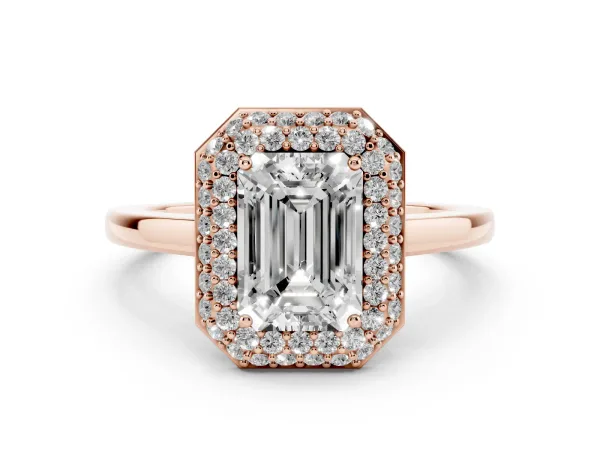 Emerald Cut Halo Diamond Engagement Ring with Solitaire Band and Four-Prong Setting Rose gold