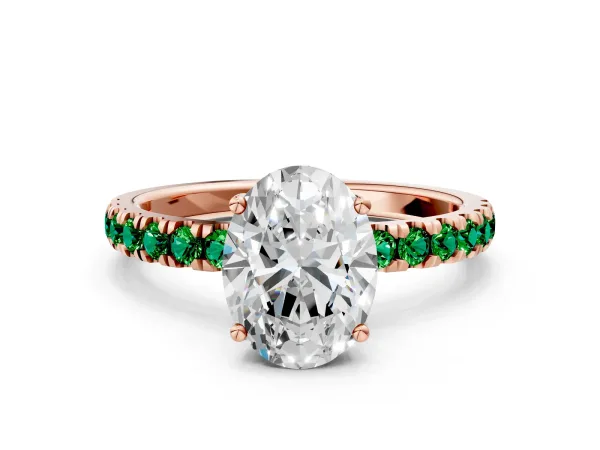 Oval Cut Diamond Pave Band Solitaire Ring with Round Emerald and Prong Setting Rose gold
