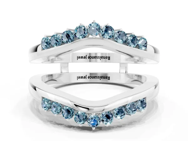 Round Aquamarine Chevron Contour Band with Prong Setting Platinum