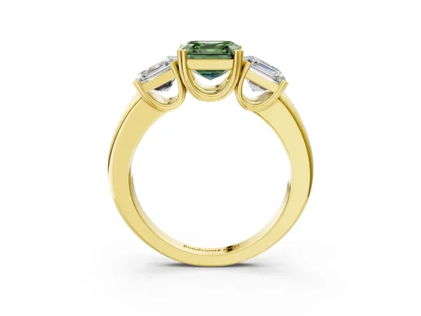 Fancy Green Three-Stone Asscher Cut Cut Diamond Ring with Channel Set Band and Four-Prong Setting Yellow gold