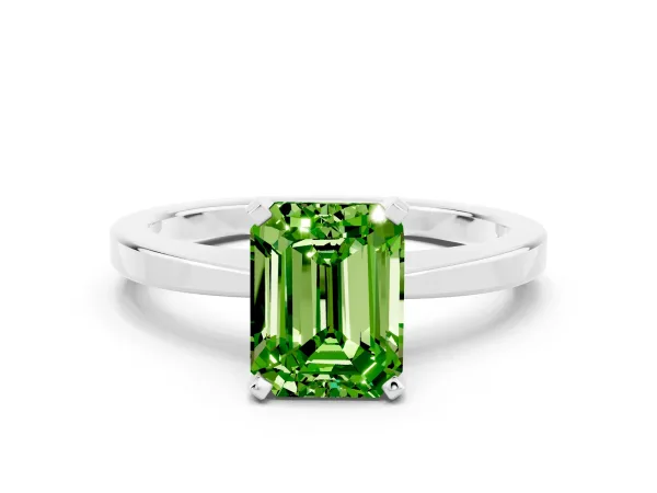 Emerald Cut Peridot Solitaire Engagement Ring with Classic Band and Four-Prong Setting Silver