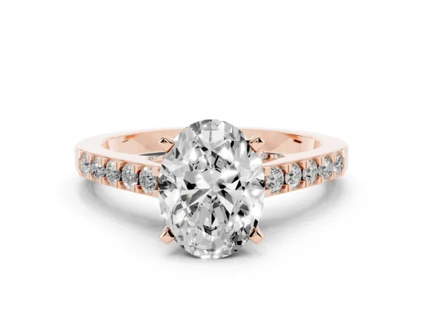 Oval Cut Diamond Solitaire Ring with Crossover Gallery and Round Pavé Band Rose gold
