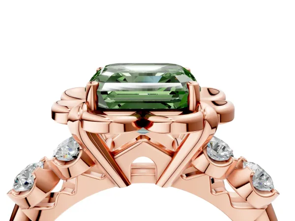 Fancy Green Asscher Cut Cut Diamond Floral Halo Engagement Ring with Shared Prong Setting Rose gold