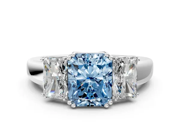 Fancy Blue Three-Stone Radiant Cut Cut Diamond Ring with Channel Set Band and Four-Prong Setting Platinum
