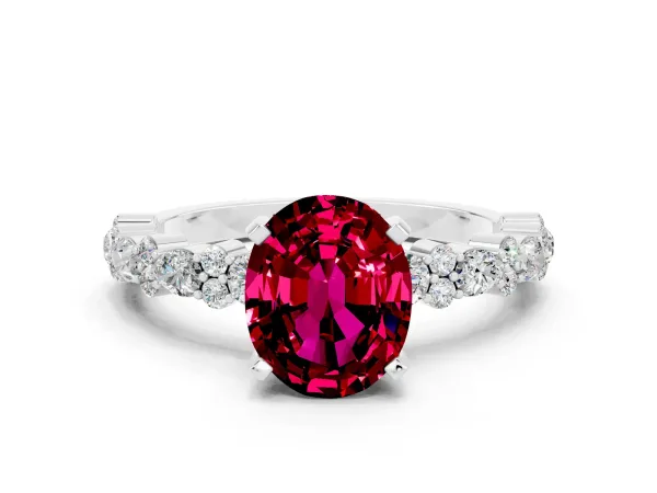Oval Cut Garnet Side Stone Solitaire Ring with Round and Four-Prong Setting White gold
