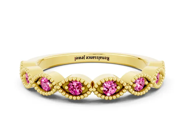 Milgrain Marquise Pink Sapphire Half Eternity Band with Bezel Setting Yellow gold