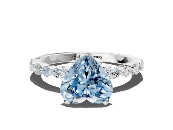 Fancy Blue Heart Cut Diamond Ring with Marquise and Round Side Stones and Four-Prong Setting Platinum