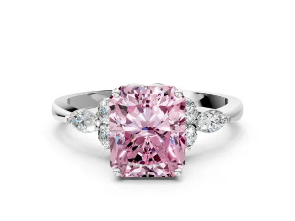 Fancy Pink Radiant Cut Brilliant Diamond Solitaire Ring with Pear Side Stones and Four-Prong Setting Platinum
