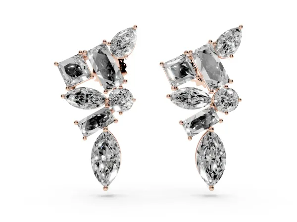 Princess, Baguette, Marquise, Pear and Round Diamond Cluster Stud Earrings Rose gold