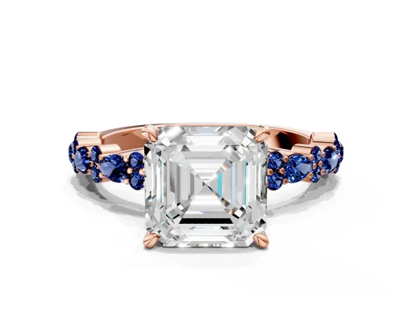 Asscher Cut Diamond Side Stone Solitaire Ring with Round Blue Sapphire and Four-Prong Setting Rose gold