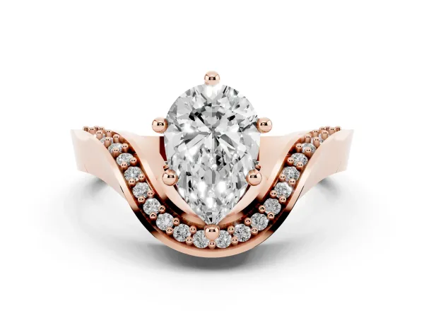 Pear Cut Solitaire Diamond Engagement Ring with Pave Band and Four-Prong Setting Rose gold