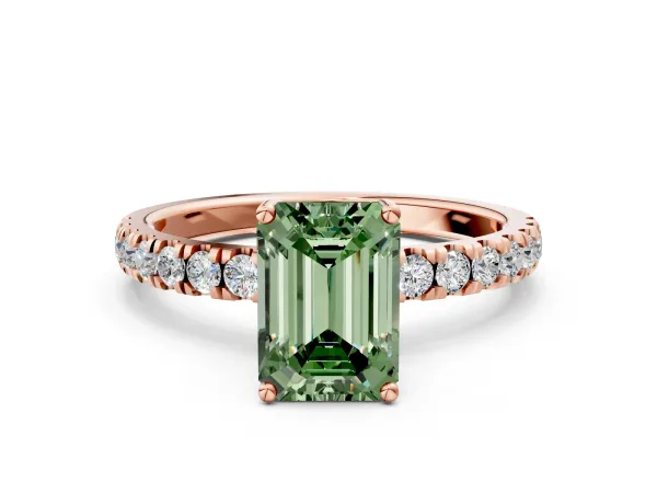Fancy Green Emerald Cut Diamond Pave Band Solitaire Ring with Round and Prong Setting Rose gold
